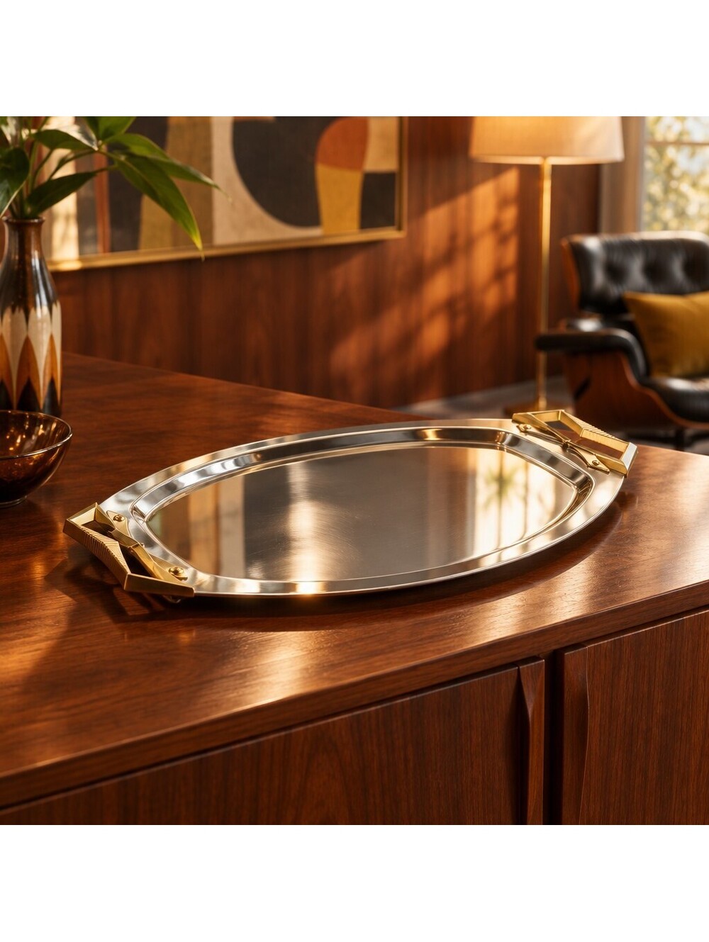 Vintage Kromex MCM Mid-Century Modern Chrome Serving Platter Tray Handles 1292